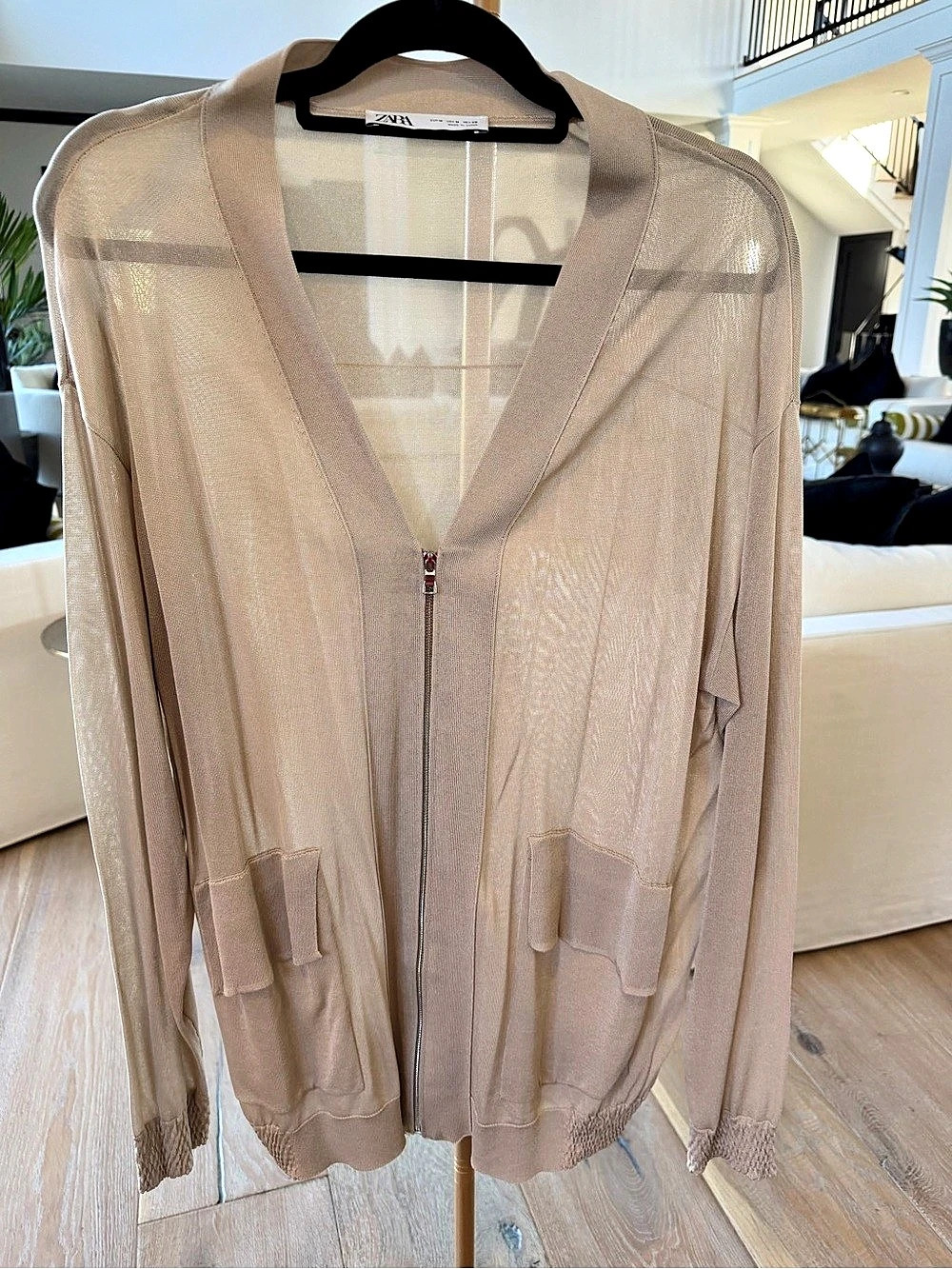 Zara Sheer Zip Front Bomber Jacket in Beige Size Medium